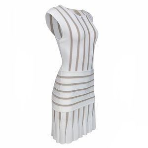 Torn Ronny Kobo White Gold Drop Waist Dress stretch knit metallic stripes Sz S